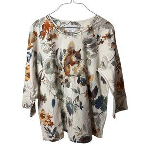 Alfred Dunner Womens Medium Floral Squirrel Knit Top 3/4 Sleeve Classic Autumn